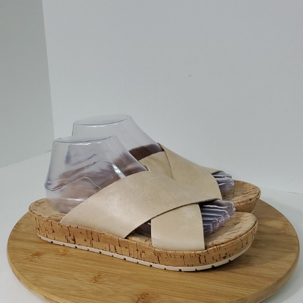 Korks by Kork-Ease Platform Slide Sandals Tan Leather Cross Strap Cork Sole W 9